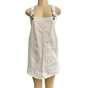 Cage Denim Utility White Ivory Pinafore Overalls Mini Dress L Flat Front Pockets